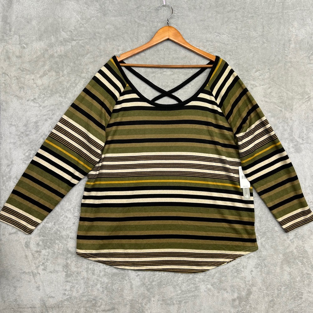 Absolutely Famous Olive Stripe Knit Top Sz 3X New $44 Long Sleeves Green Yellow